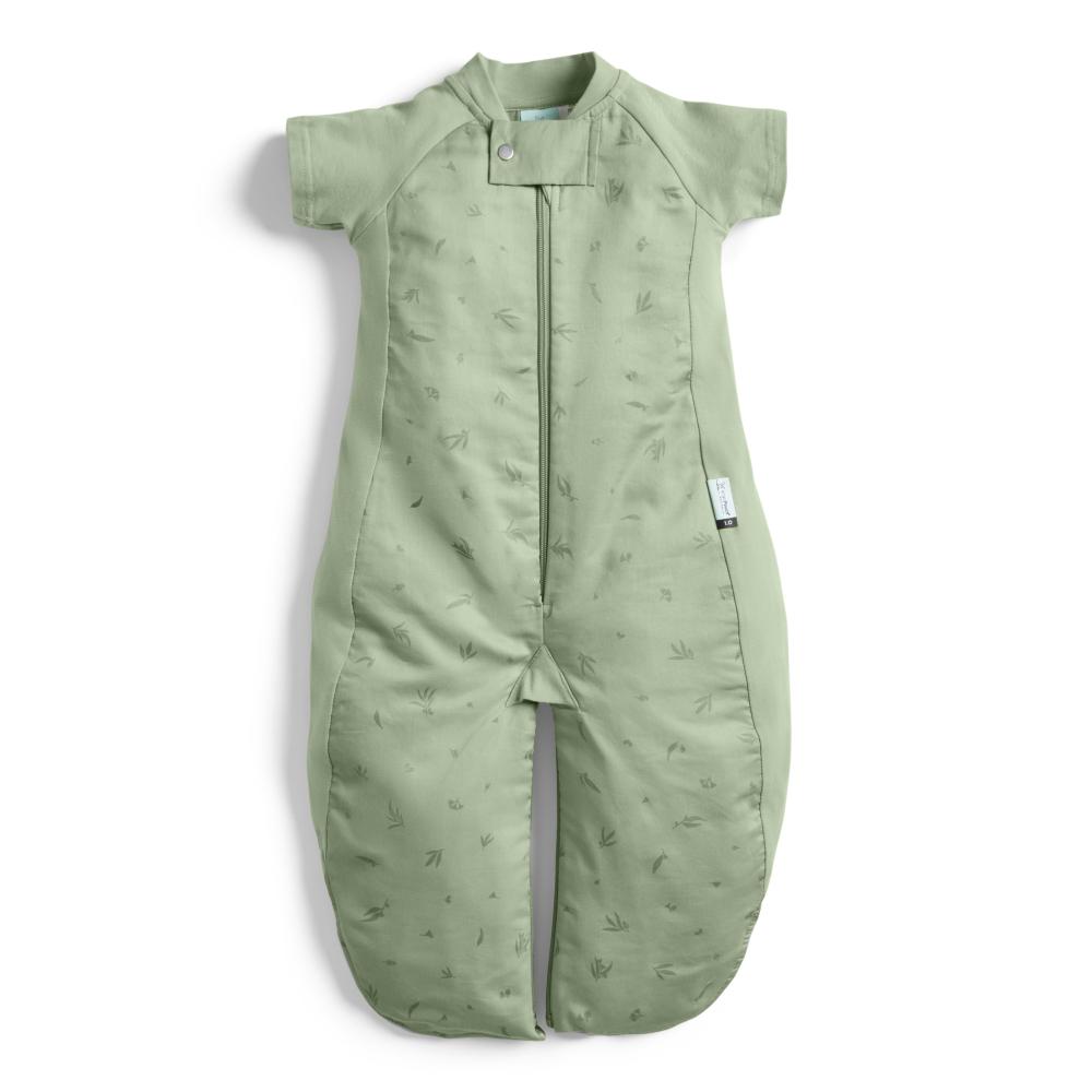 Green baby sleepsuit with subtle pattern on a white background