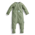 Green baby onesie with a zipper on a white background