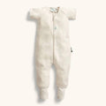 Beige toddler short sleeve onesie with a zipper on a white background
