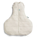 Beige baby hip dysplasia sleeping bag with a zipper on a white background