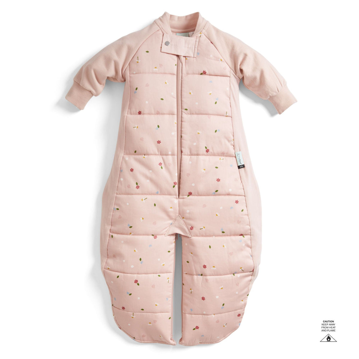 Pink baby sleeping bag with floral pattern on a white background