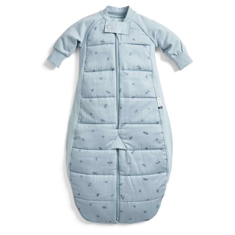Light blue baby sleeping bag with subtle pattern on a white background