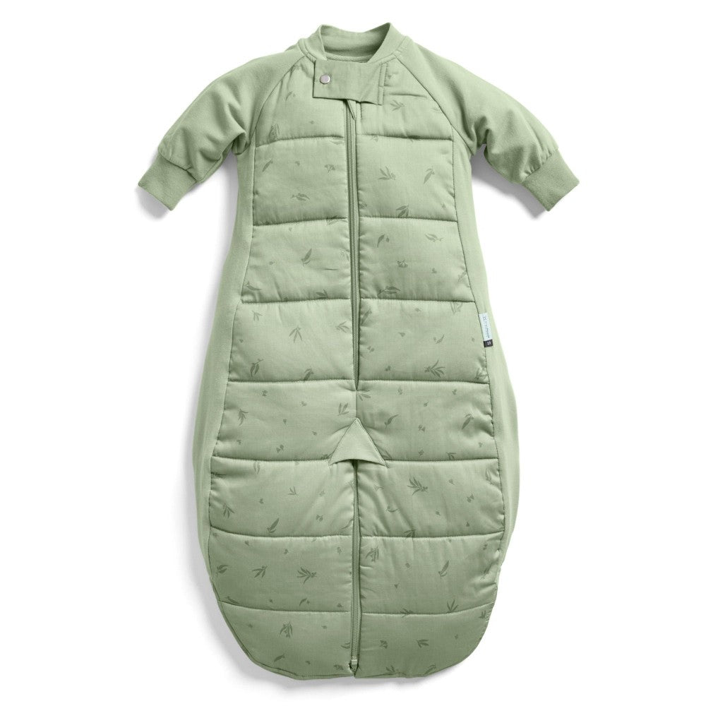 Green baby sleeping bag with short sleeves on a white background