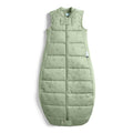 Green quilted baby sleeping bag on a white background