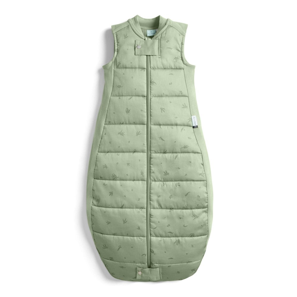 Green quilted baby sleeping bag on a white background