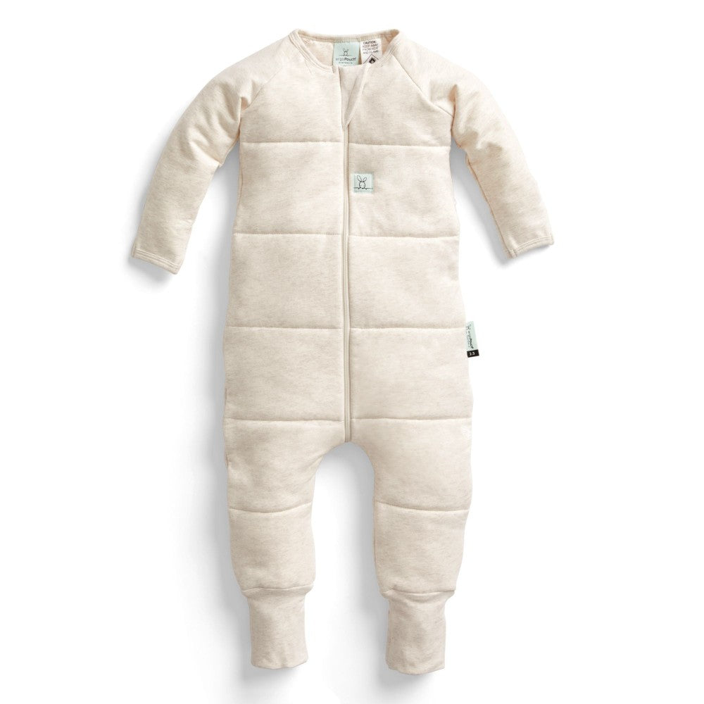 Beige baby onesie with a zipper on a white background