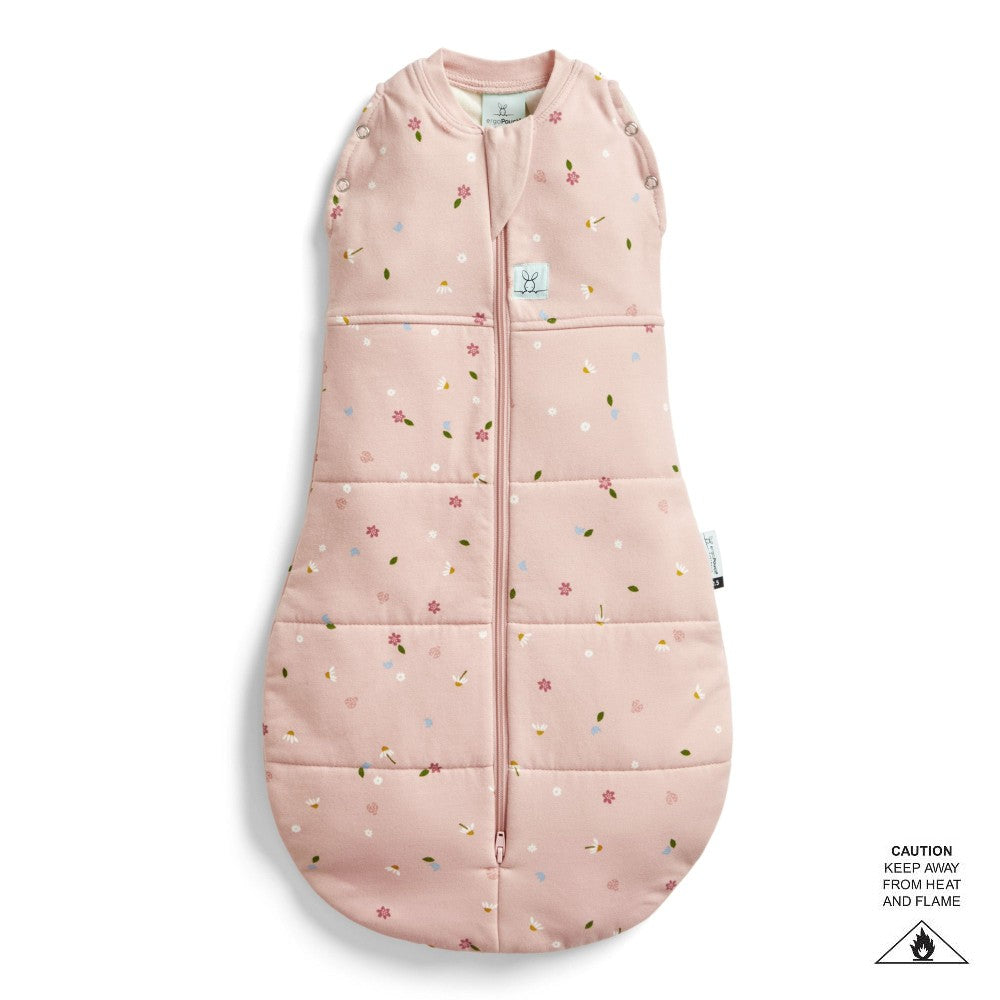 Quilted Pink baby sleeping bag with floral pattern on a white background