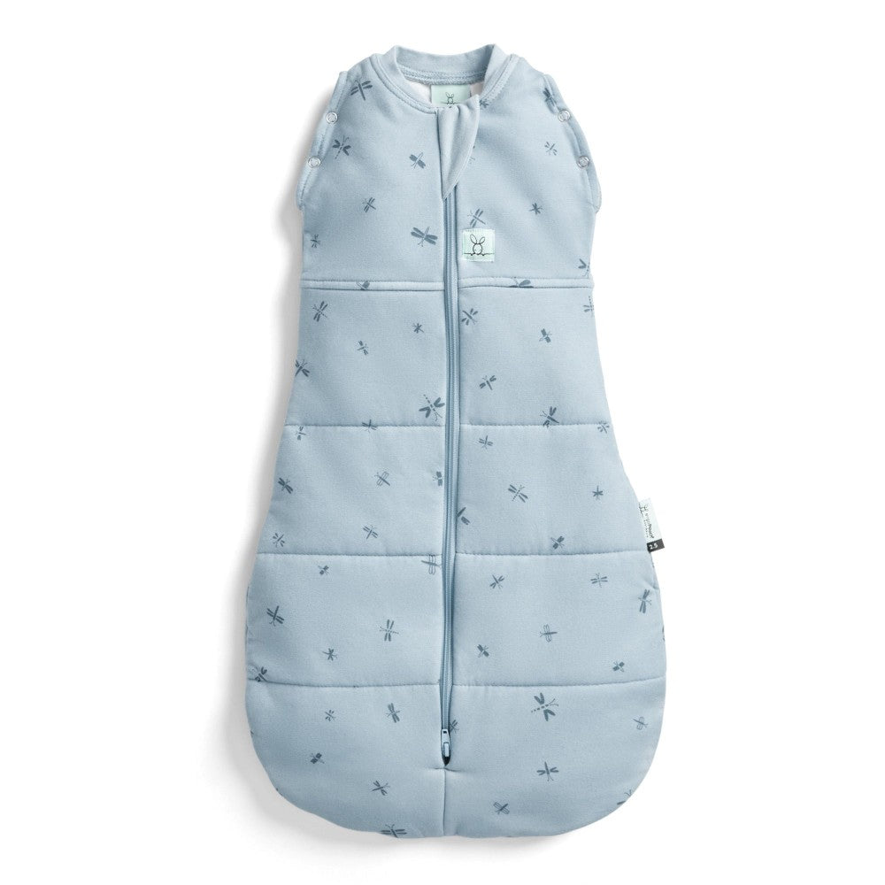 Light blue baby swaddle sleeping bag with subtle pattern on a white background