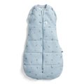 Blue baby sleeping bag with dragonflies on a white background