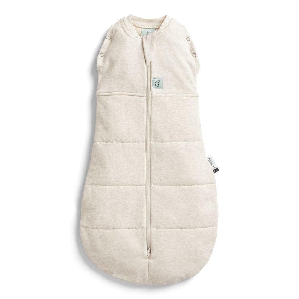 Beige baby swaddle bag with a zipper on a white background