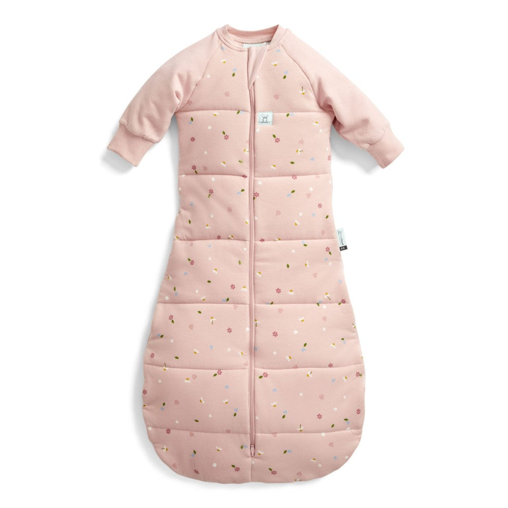 Pink baby sleeping bag with sleeves with flowers on a white background
