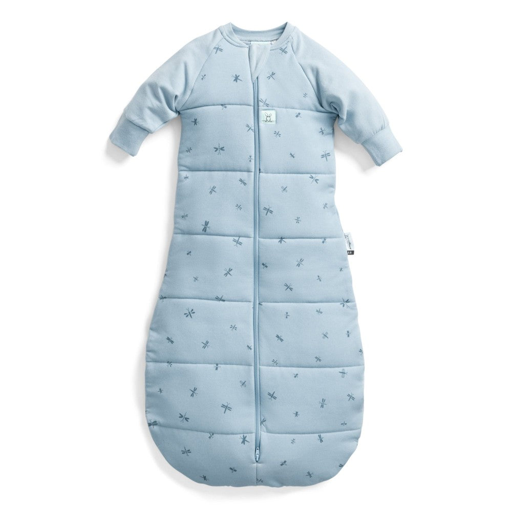 Blue baby sleeping bag with subtle pattern on a white background