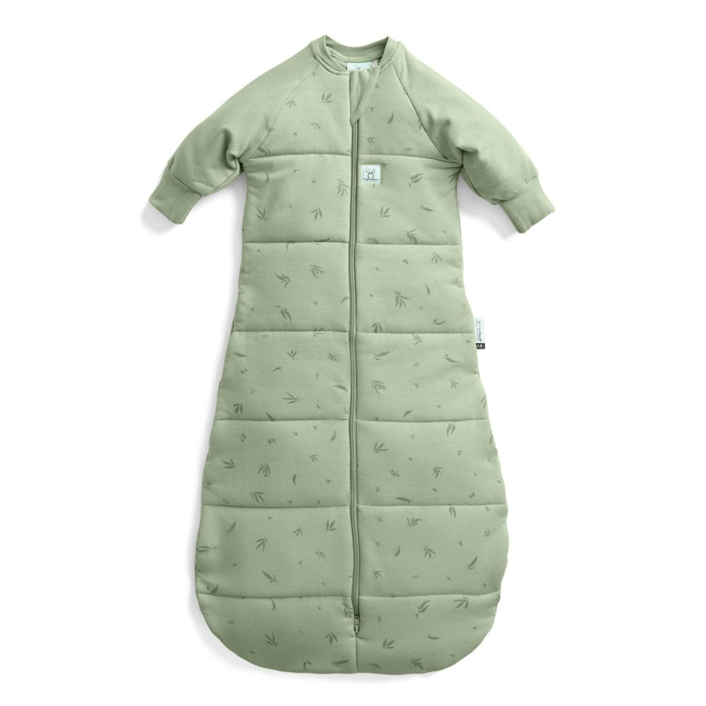 Green baby sleeping bag with a subtle pattern on a white background