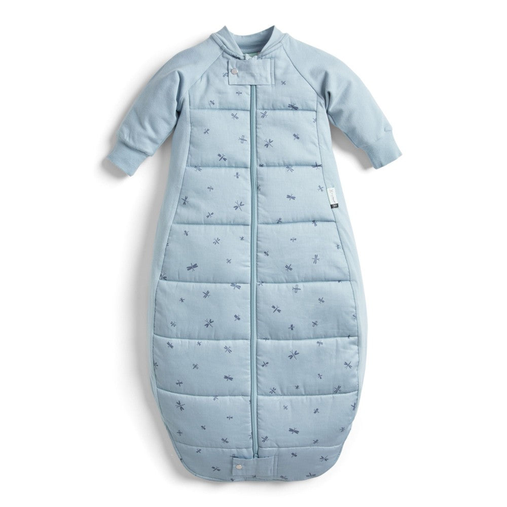 Blue baby sleeping bag with dragonflies on a white background