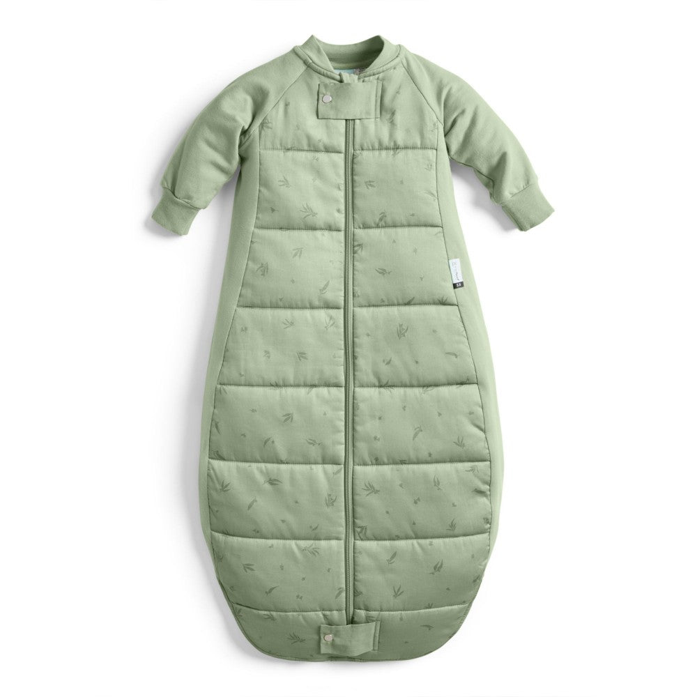 Green baby sleeping bag with willow pattern on a white background