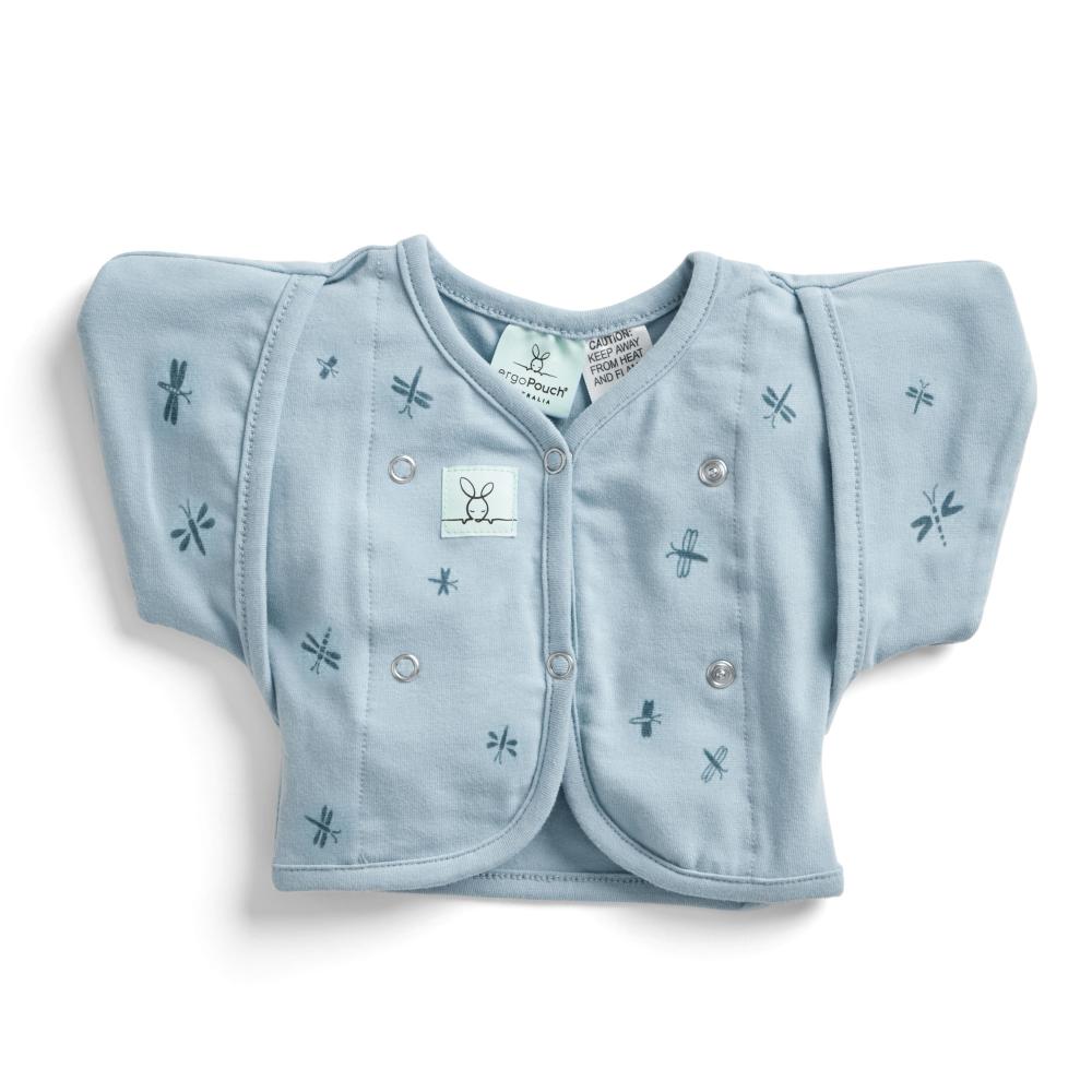 blue swaddle/cardigan with dragonflies on a white background
