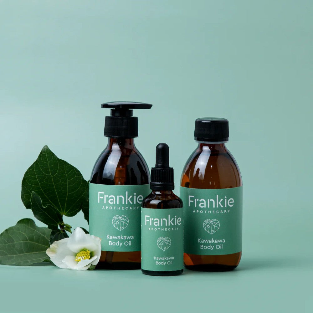 Frankie bottles against green background.