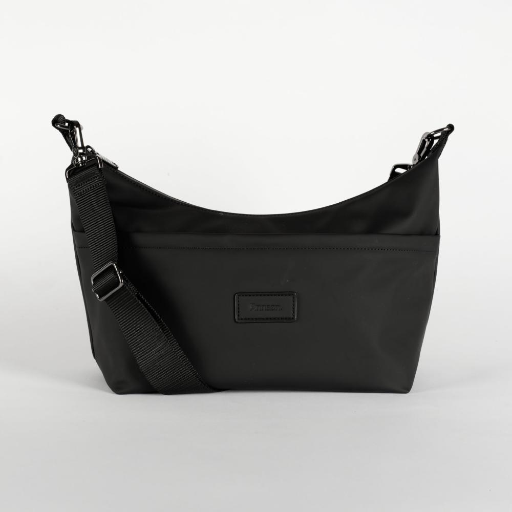 Black crossbody bag on a white background