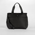 Black fashion nappy tote bag with shoulder strap on a light gray background