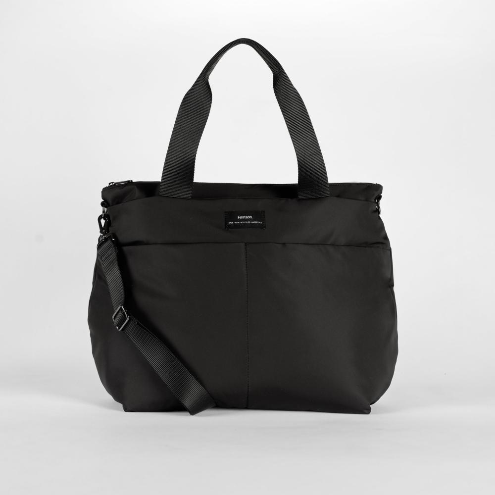 Black fashion nappy tote bag with shoulder strap on a light gray background