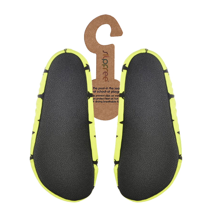 Black and yellow shoe inserts with a hanger on a white background