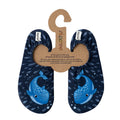 Pair of navy blue slipfree water shoes with whale design on a cardboard hanger, featuring 'slipfree' branding.