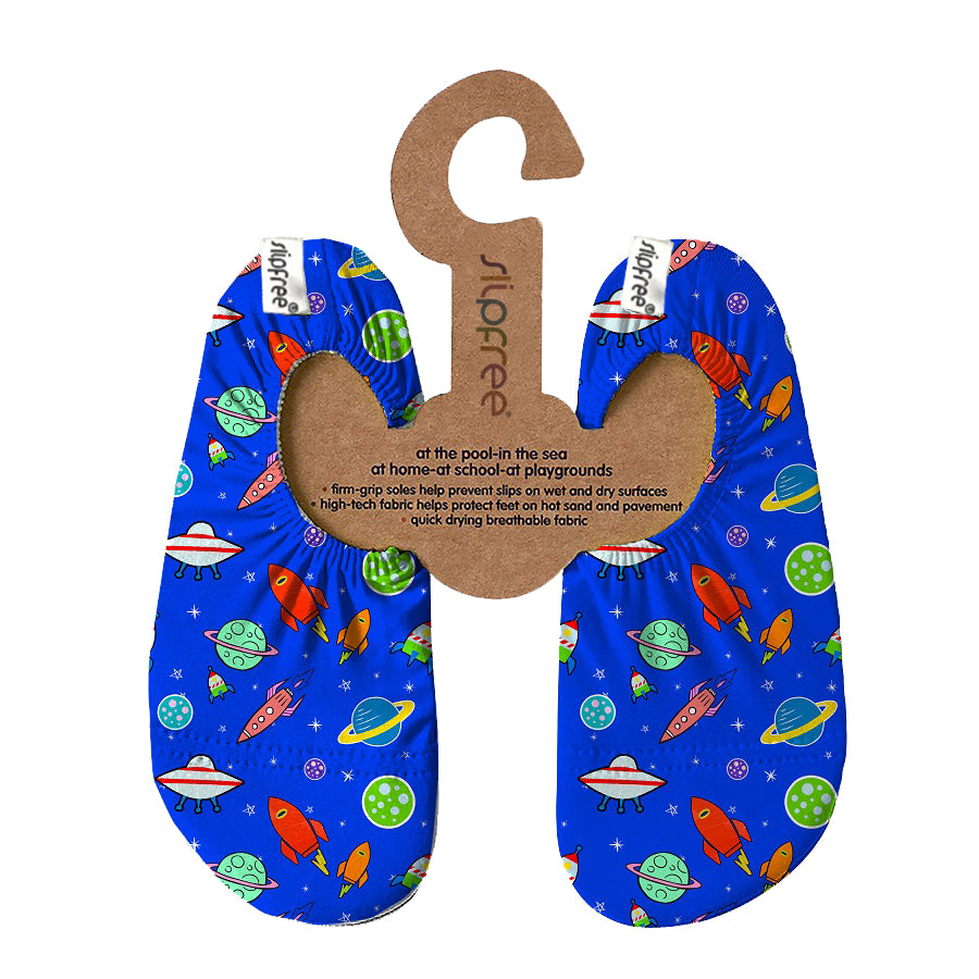 Blue children's slipfree water shoes with space-themed pattern on a hanger against a white background