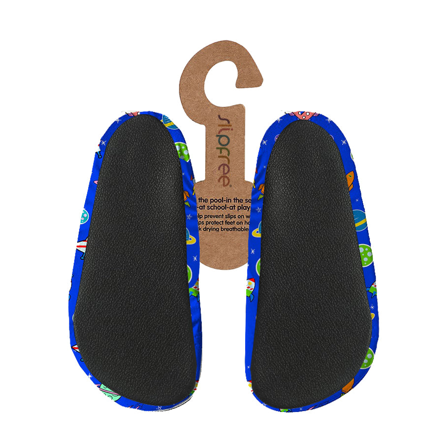 Pair of black insoles with colorful blue trim on a white background