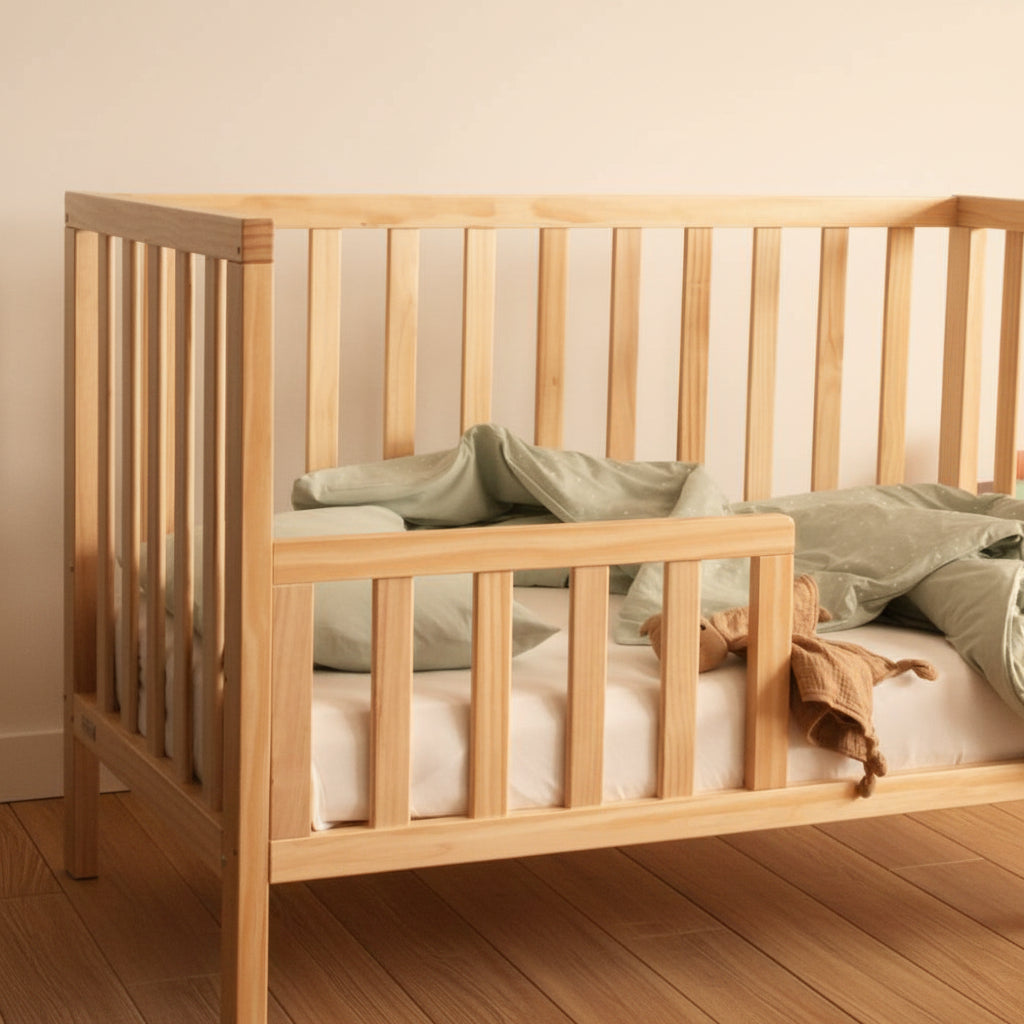 Wooden crib with green bedding and a brown blanket on a neutral background
