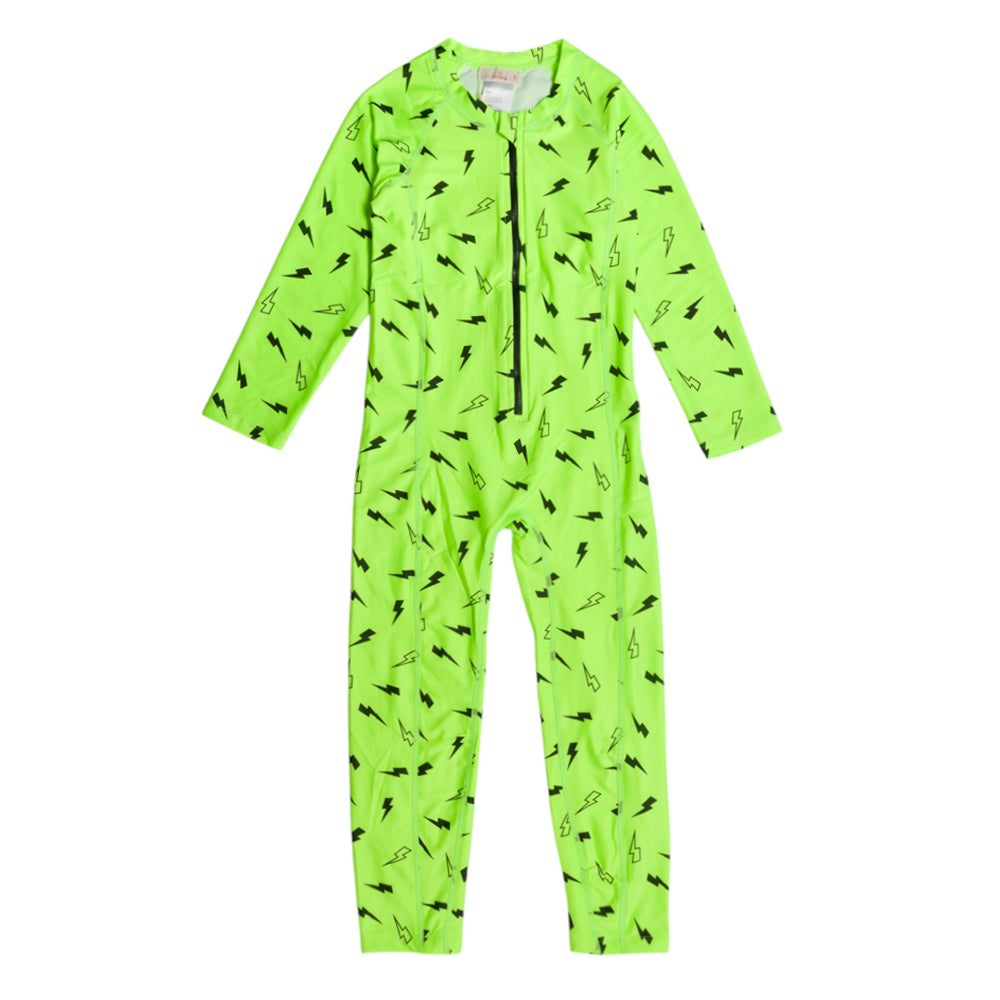 Neon Full Length Swimsuit with half zip in Green Bolts on a white background