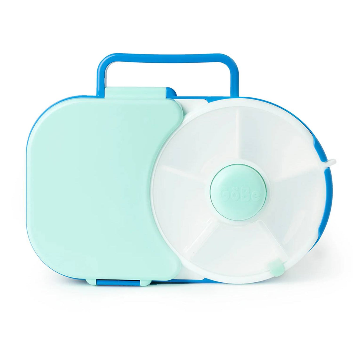 Gobe blue lunchbox against white background.