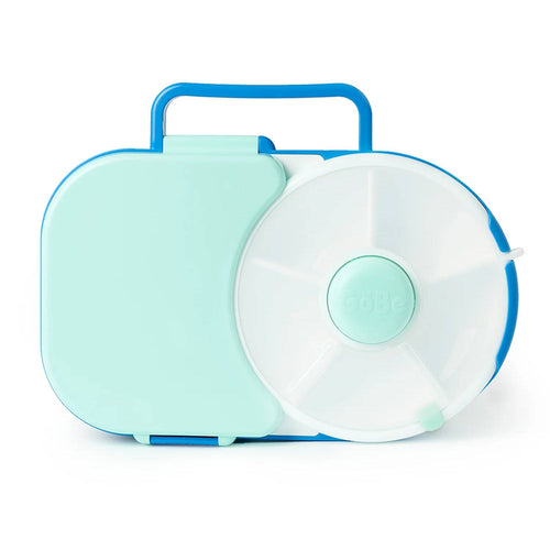 Gobe blue lunchbox against white background.