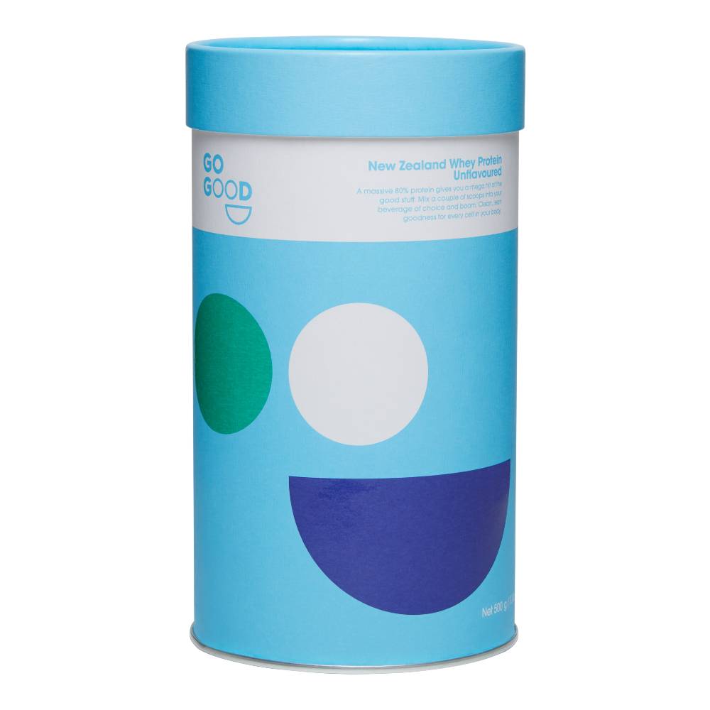 Blue cylindrical protein powder container with geometric shapes on a white background
