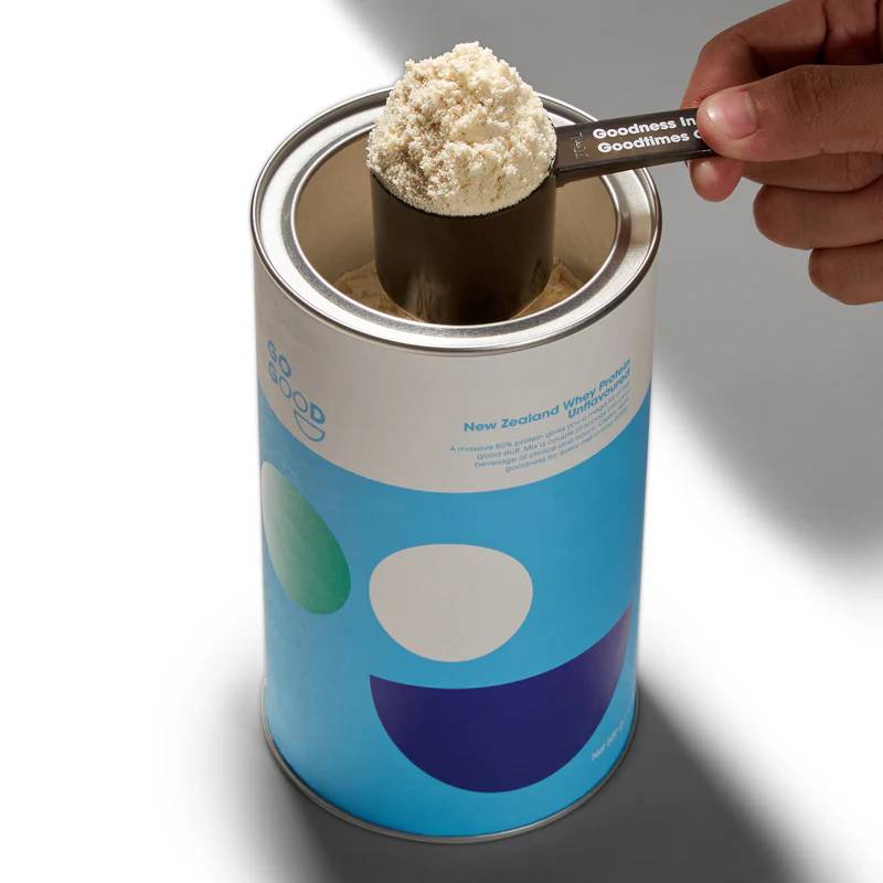 A person's hand holding a scoop of beige powder over an open canister of Whey Protein. The canister features a white top section and a blue bottom section with abstract green, white, and purple shapes.