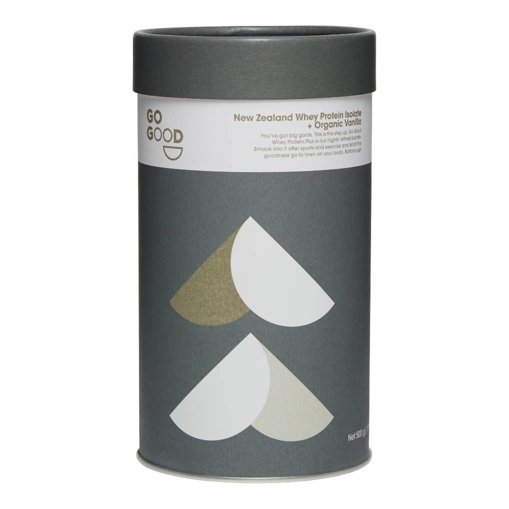 A tall cylindrical canister of GO GOOD New Zealand Whey Protein powder in Vanilla flavor, featuring a dark gray body with a white label and abstract geometric shapes.