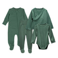 A coordinated baby jersey merino clothing set in a muted sage green color, including a long-sleeve footed sleeper, matching pants, a wrap-style top, and a long-sleeve bodysuit, arranged on a plain white background.