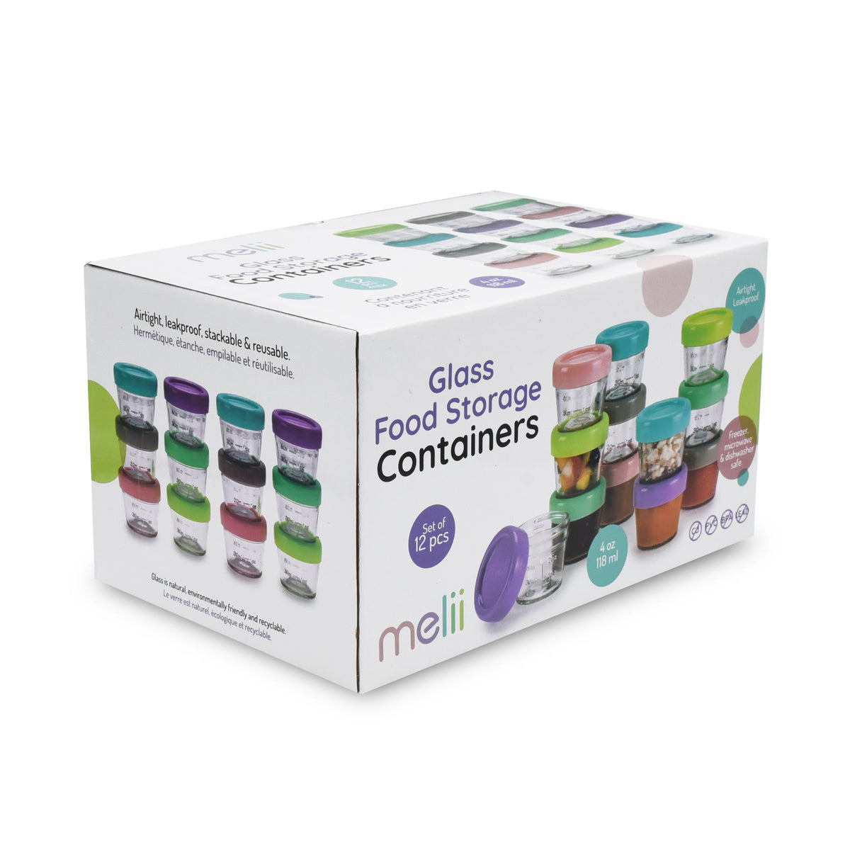 Box of melii glass food storage containers on a white background