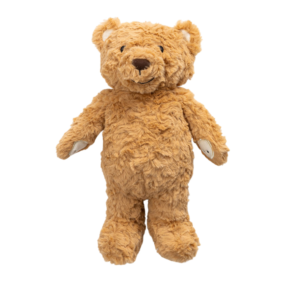 A classic plush teddy bear nightlight and sound machine made of curly, shaggy brown faux fur, standing against a solid white background.