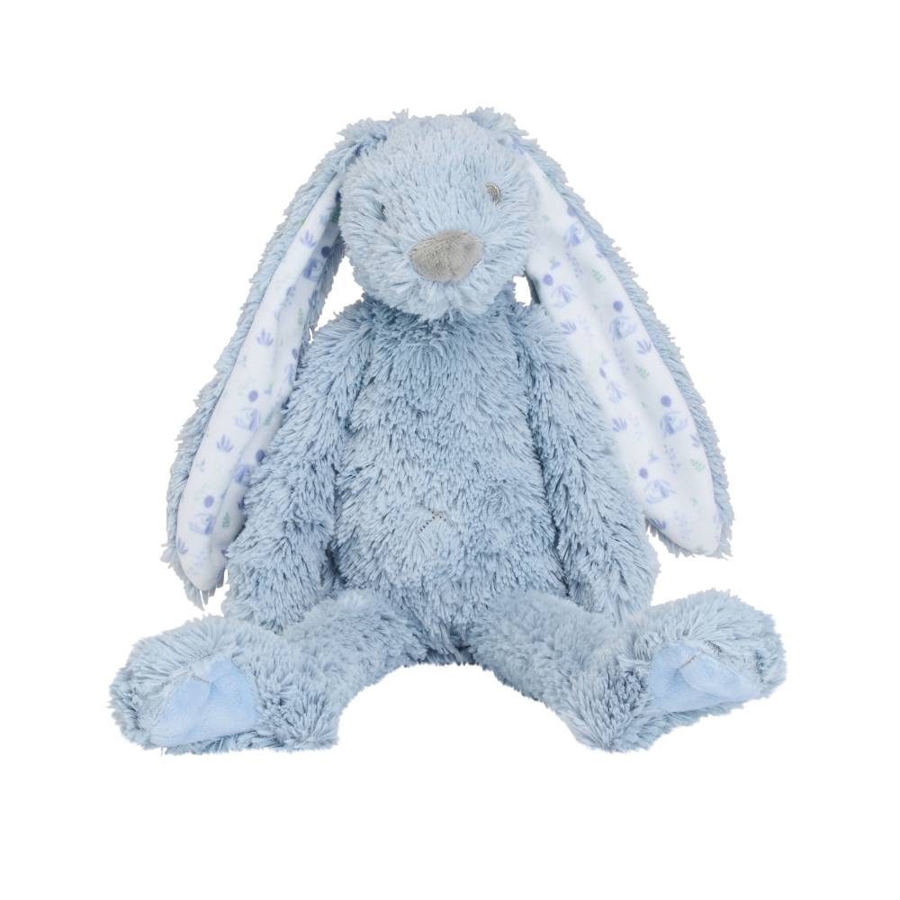 A light blue plush bunny toy with long floppy ears, white inner ears with blue polka dots, and a gray snout, shown against a plain white background.