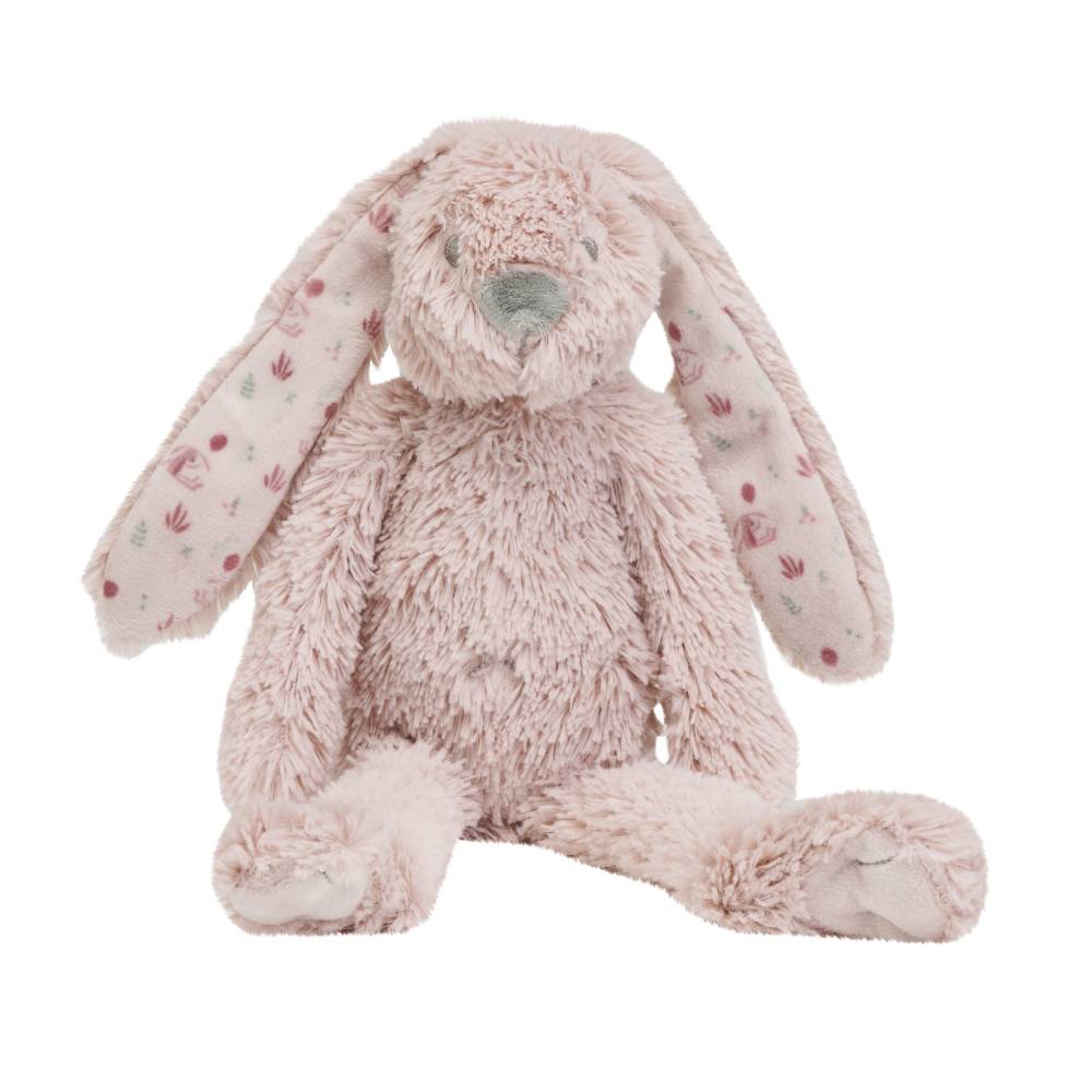 A plush stuffed bunny toy in a soft dusty pink color, featuring long floppy ears with a subtle floral pattern, a gray stitched nose, and sitting on a plain white background.