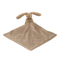 A brown Happy Horse soft, cuddly Rabbit comforter connected to a small blanket on a white background. 