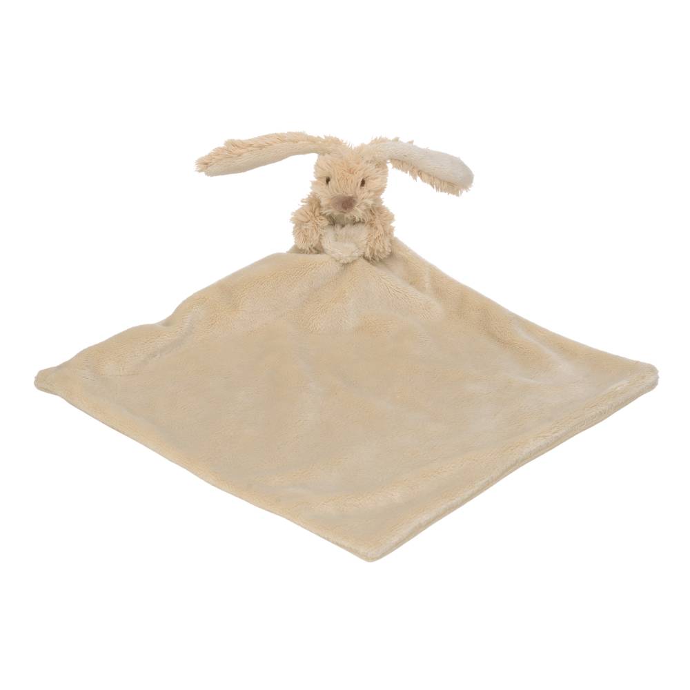 A light beige Happy Horse soft, cuddly Rabbit comforter connected to a small blanket on a white background. 