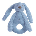 A blue Happy Horse soft, cuddly Rabbit Rattle on a white background. 