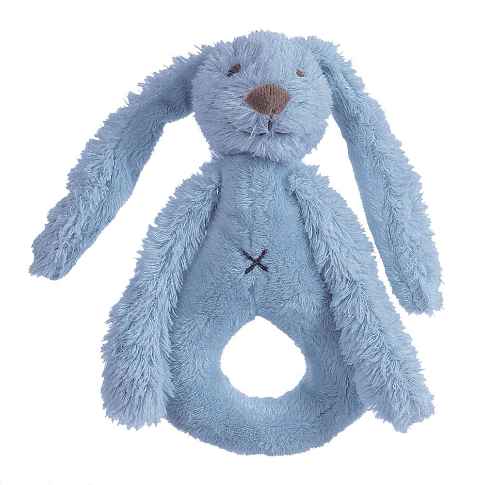 A blue Happy Horse soft, cuddly Rabbit Rattle on a white background. 