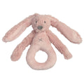 A pink Happy Horse soft, cuddly Rabbit Rattle on a white background. 