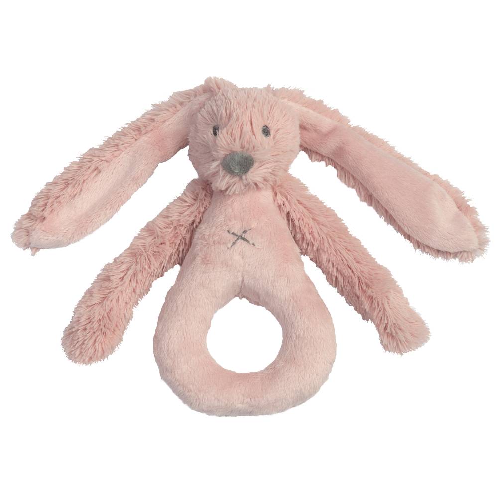 A pink Happy Horse soft, cuddly Rabbit Rattle on a white background. 