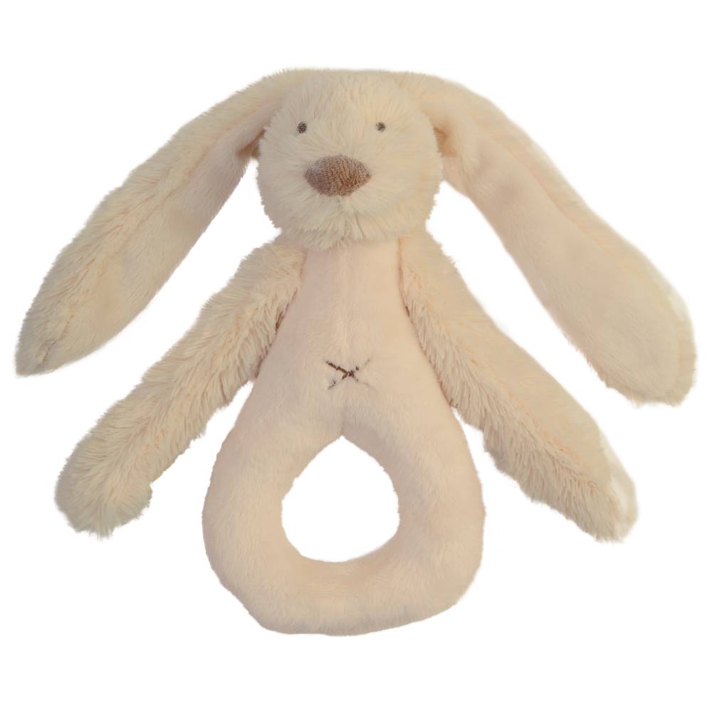 A light beige Happy Horse soft, cuddly Rabbit Rattle on a white background. 