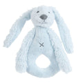 A light blue Happy Horse soft, cuddly Rabbit Rattle on a white background. 