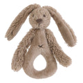 A brown Happy Horse soft, cuddly Rabbit rattle on a white background.