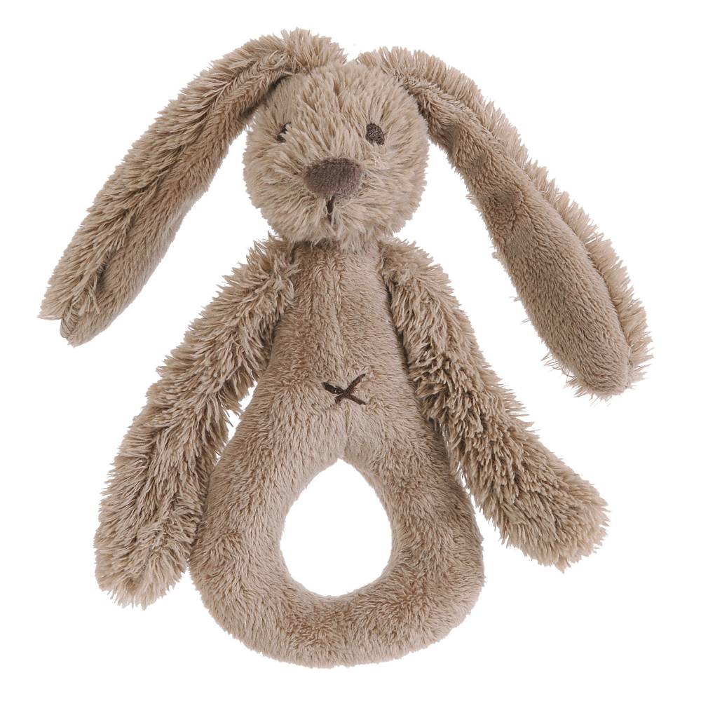 A brown Happy Horse soft, cuddly Rabbit rattle on a white background.